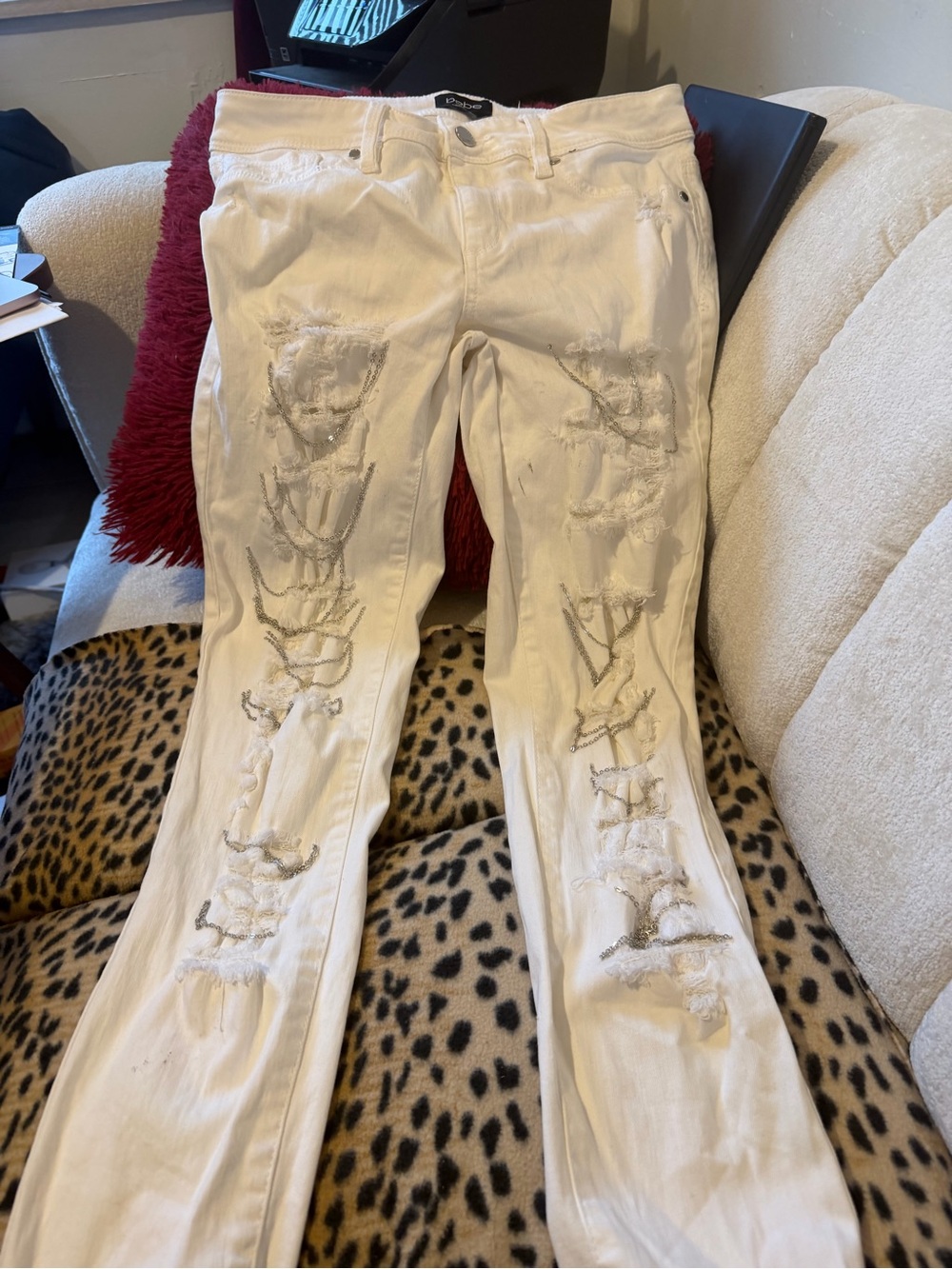 bebe White Distressed Flare Jeans with Ladder Embroidery